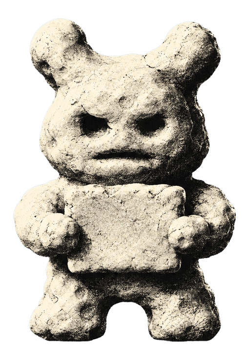 The PORTION clay figure holding a blank tablet